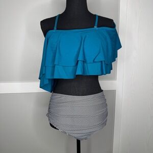 Tempt Me Women Teal Ruffle Flounce High Waist Striped Bikini Set XL New